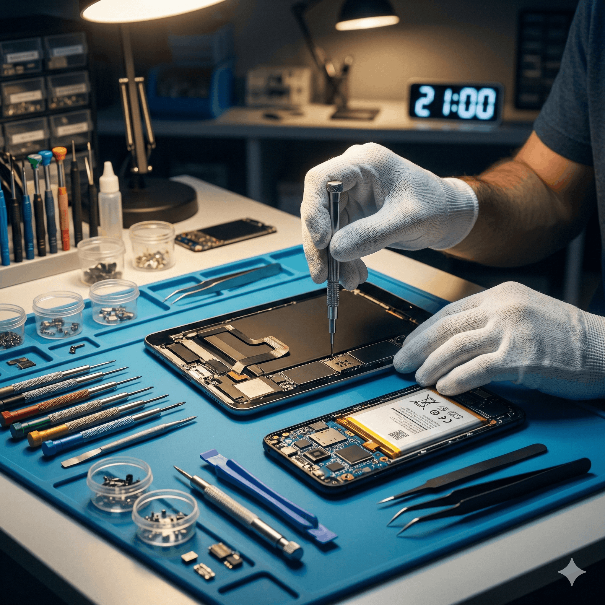 青い作業マットの上で、白い手袋をした修理スタッフがiPadやスマホを丁寧に修理している手元のクローズアップ写真