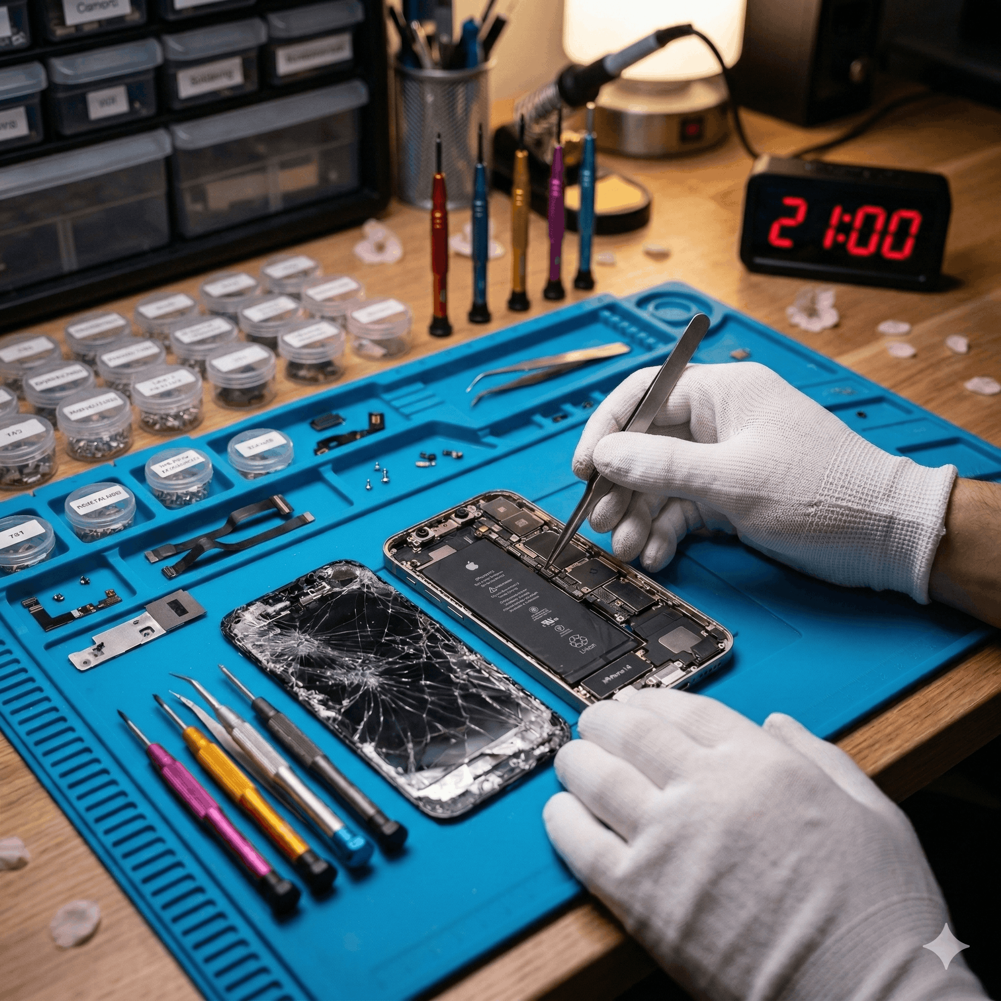 白い手袋をした修理スタッフが、青い作業マットの上でiPhone 14の画面修理をしている手元のクローズアップ写真です。