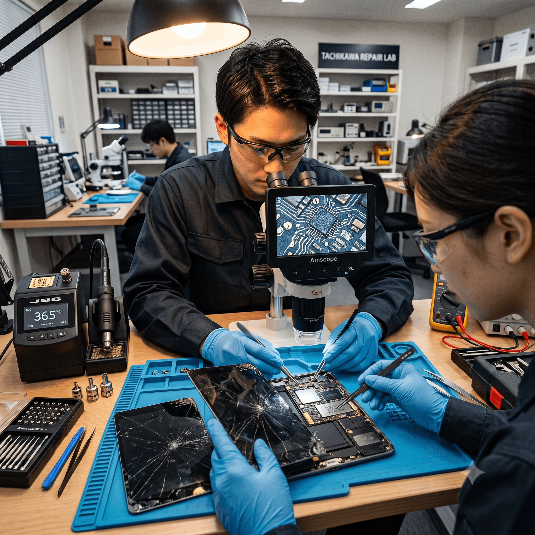 スマホ修理ドクター立川店でiPad・タブレットの充電不良や画面割れをデータそのままで即日修理している様子