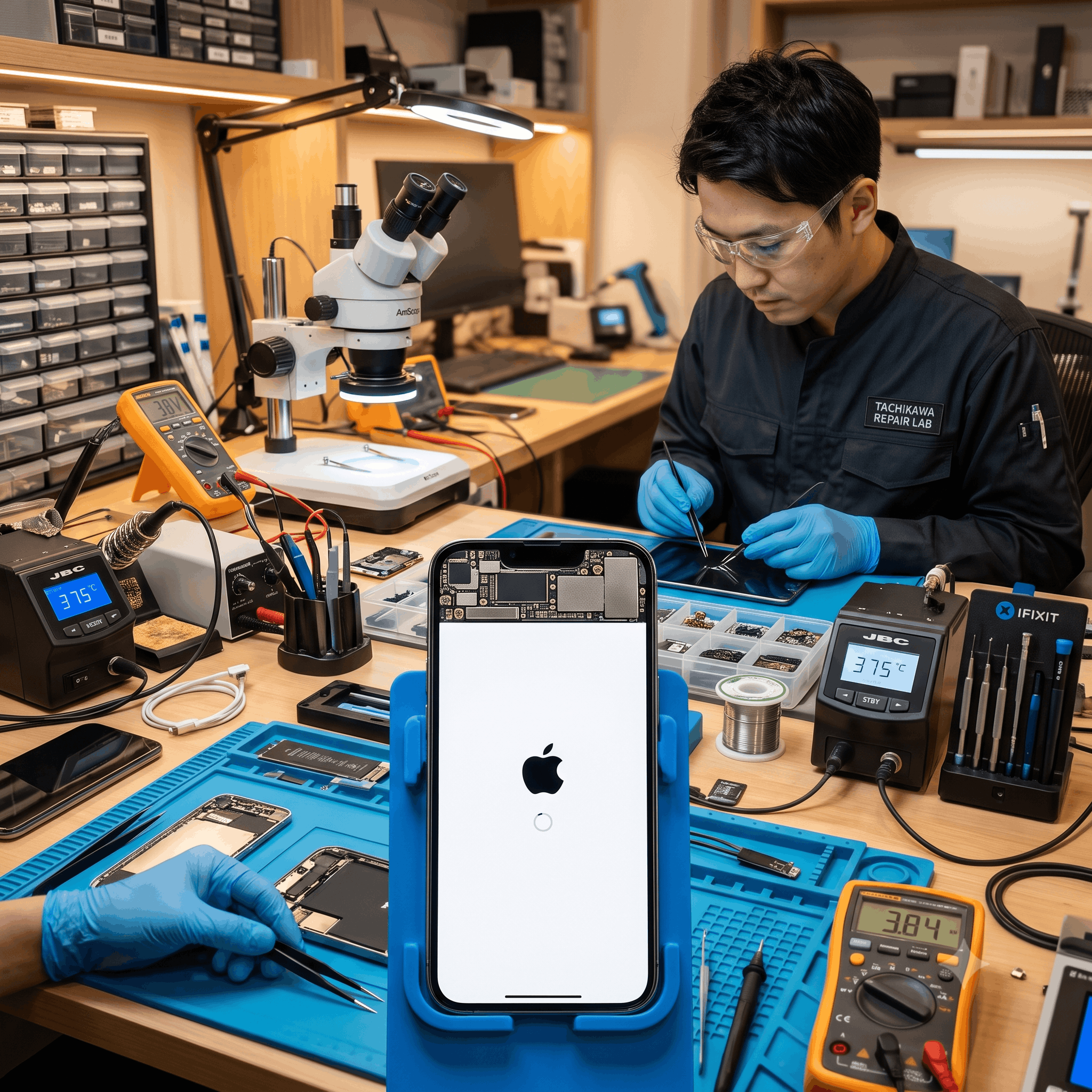 スマホ修理ドクター立川店で容量オーバーによる起動不良（リンゴループ）のスマホをデータ復旧する様子
