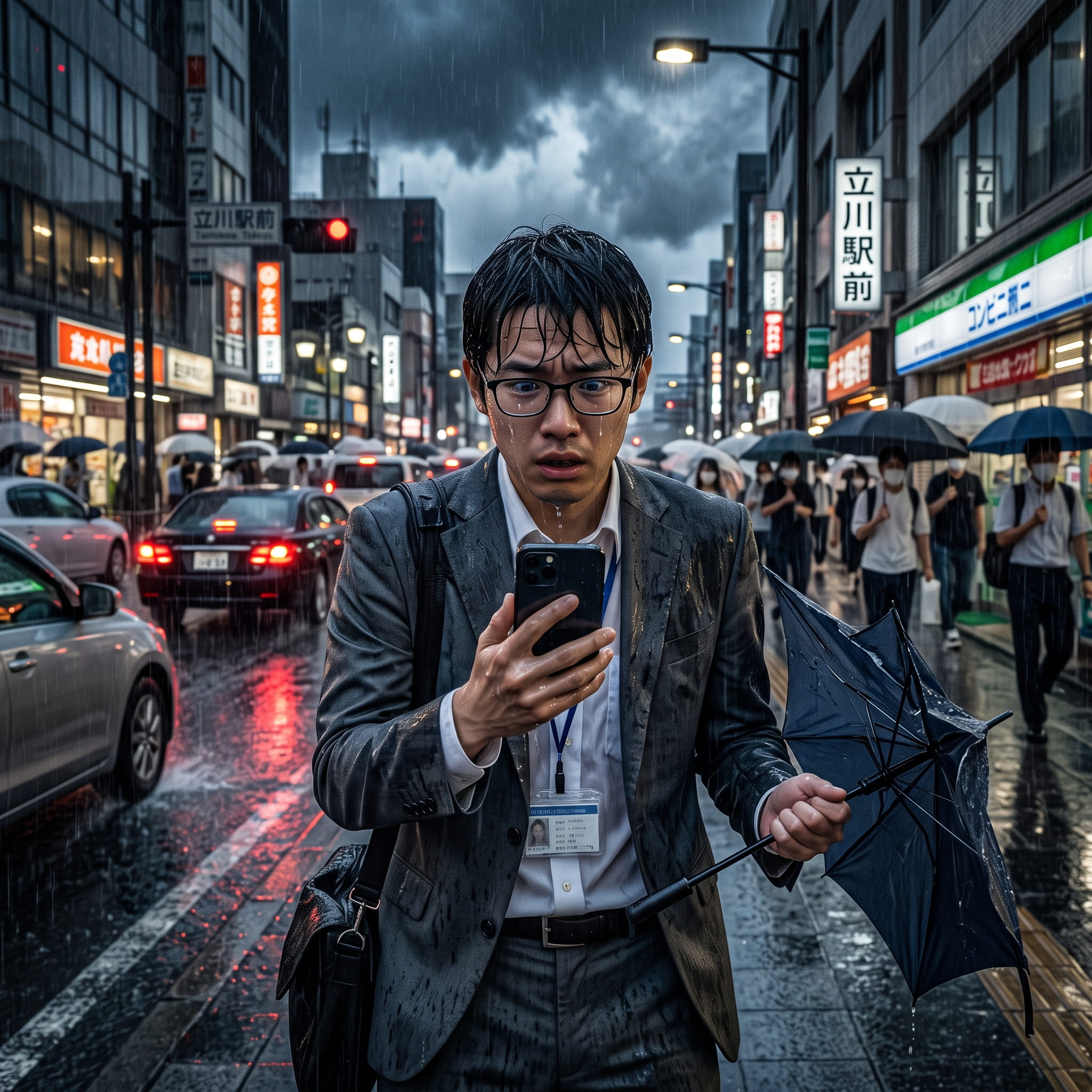 台風やゲリラ豪雨でずぶ濡れになり、水没して電源が入らないスマホを見てパニックになっているビジネスパーソン