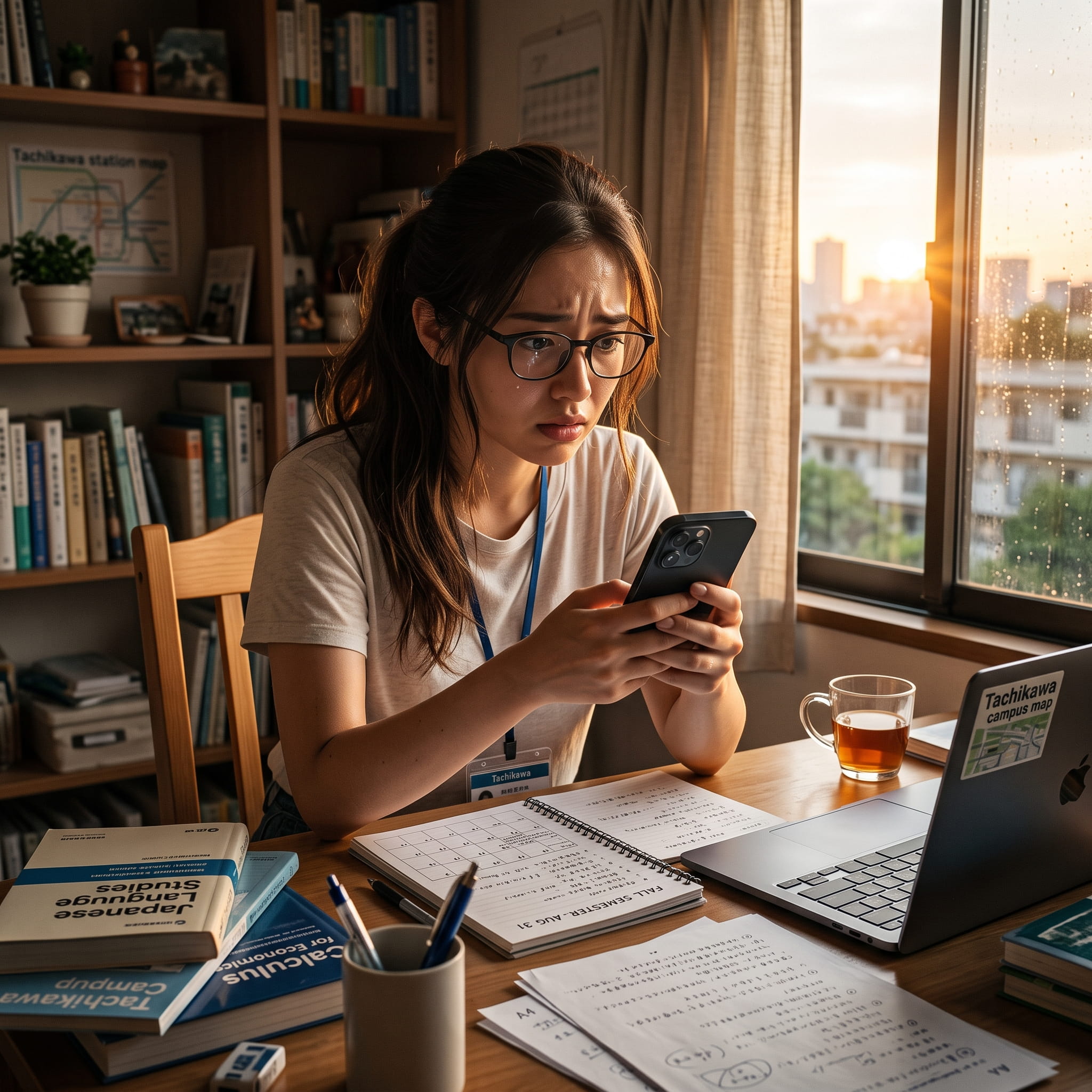 新学期が始まる直前にスマートフォンが突然死（時間差故障）してしまい、デスクで絶望している女子大生